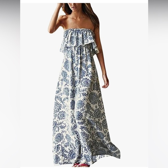 Women's Off The Shoulder Maxi Dress Ruffle Strapless Blue White Porcelain Boho - Picture 1 of 3